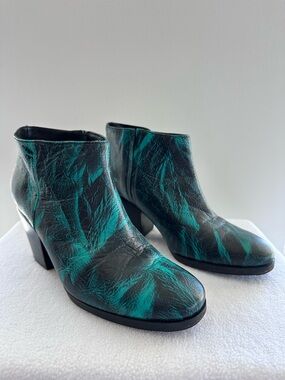 Rachel Comey Black and Teal Marbled Leather Ankle Booties
